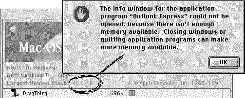 [The info window for the application Outlook Express could not be opened, because there isn't enough memory available. (V pozadí okno informací o systému říká, že je volných 40,3 MB]